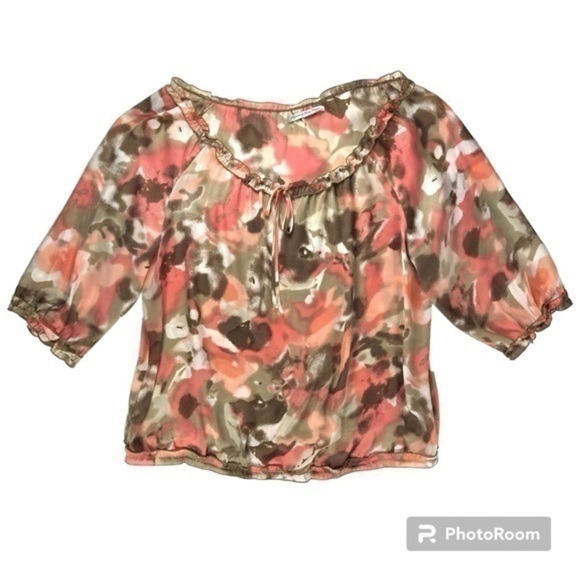 Signature by Larry Levine Womens Size 2X Coral Green Abstract Peasant Blouse Top - Picture 1 of 9